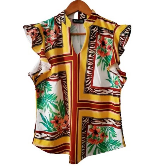 7th Avenue New York & Co. Tulip Yellow Split-Neck Flutter Sleeve Blouse Medium - Picture 3 of 12